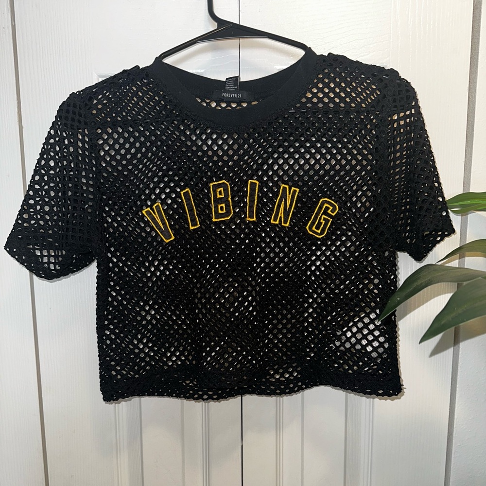 Forever 21 Black Mesh Crop Top with Yellow Lettering